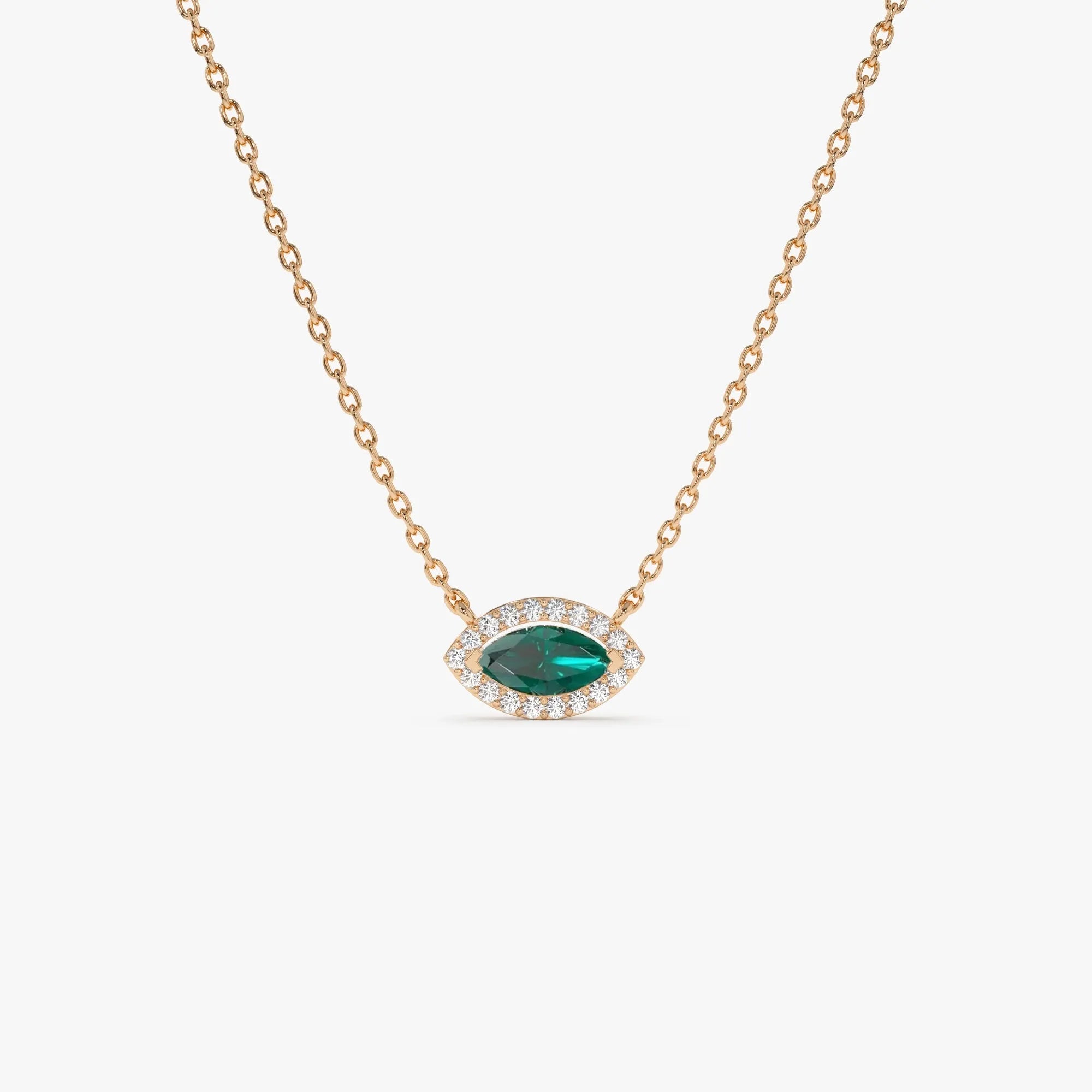 14k Solid Gold Marquise Emerald and Round Diamond 0.30 CTW Halo Pendant Necklace Prong Setting