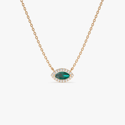 14k Solid Gold Marquise Emerald and Round Diamond 0.30 CTW Halo Pendant Necklace Prong Setting