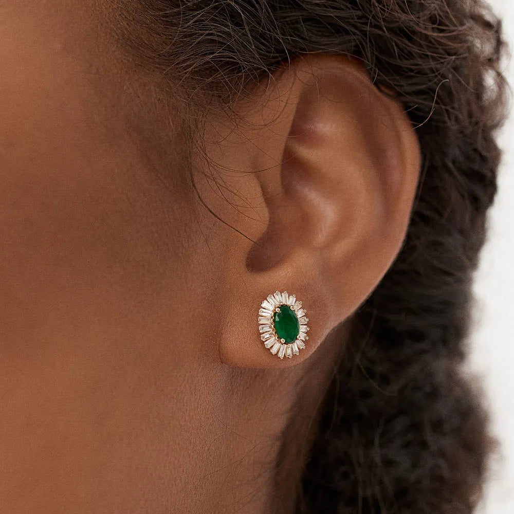 14k Solid Gold Oval Emerald and Baguette Diamond Ballerina Stud Earrings 1.30 ctw
