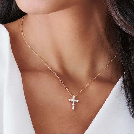 14K Solid Gold Baguette and Round Diamond Pendant Necklace 0.40ctw