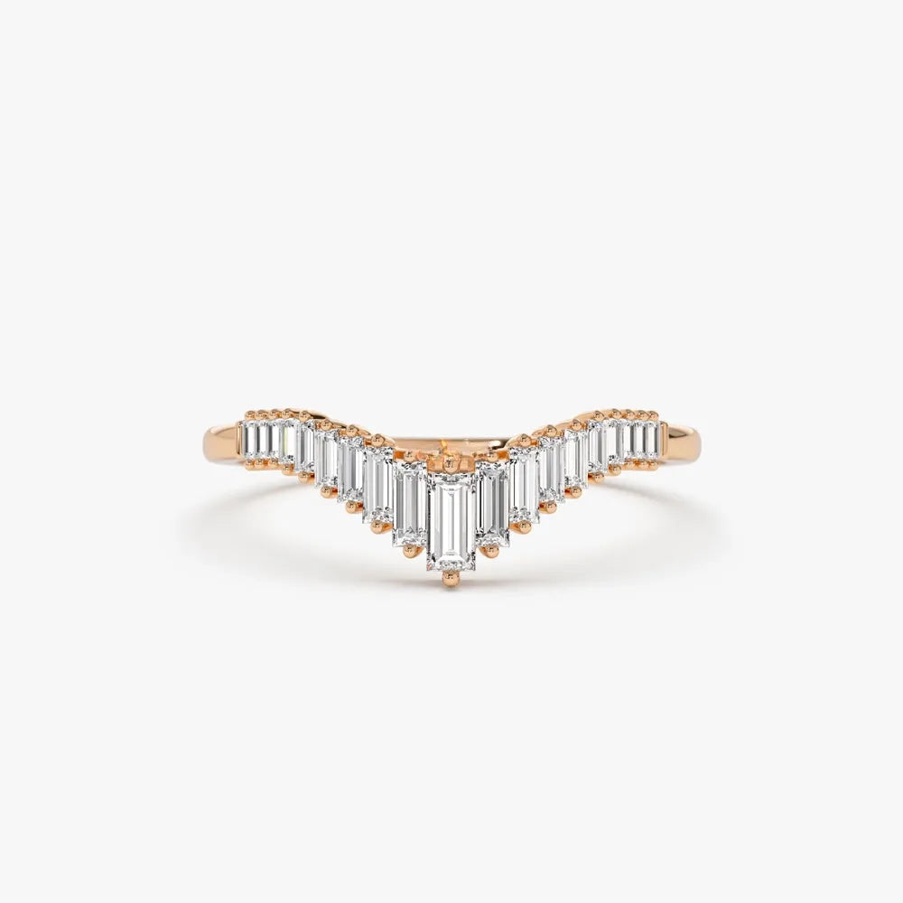 14K Gold 0.50 CTW Baguette Diamond Curved Tiara Ring Stackable Wedding Band