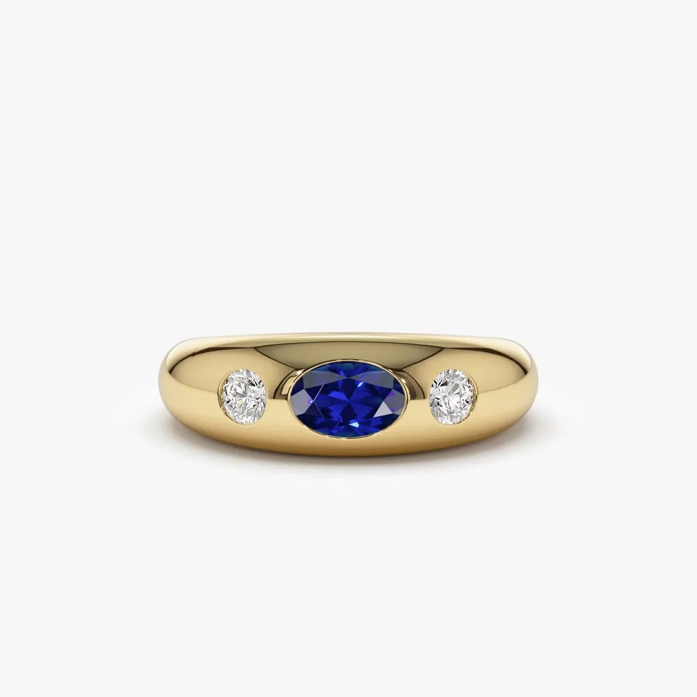 14k Gold Blue Sapphire and Diamond Oval Round Cut Dome Ring 0.80 ctw