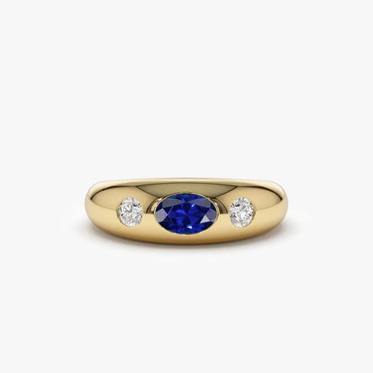 14k Gold Blue Sapphire and Diamond Oval Round Cut Dome Ring 0.80 ctw