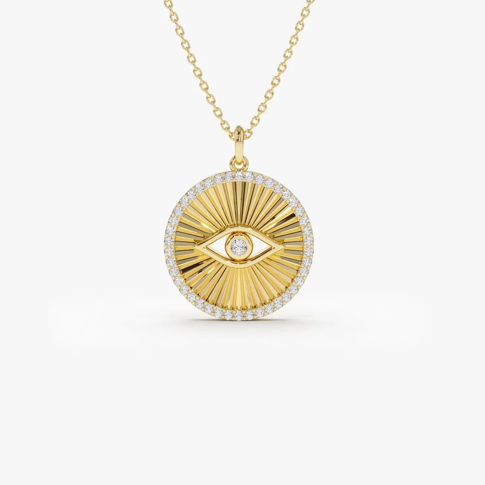 14K Solid Gold Round Diamond Evil Eye Medallion Disc Necklace 0.29ctw