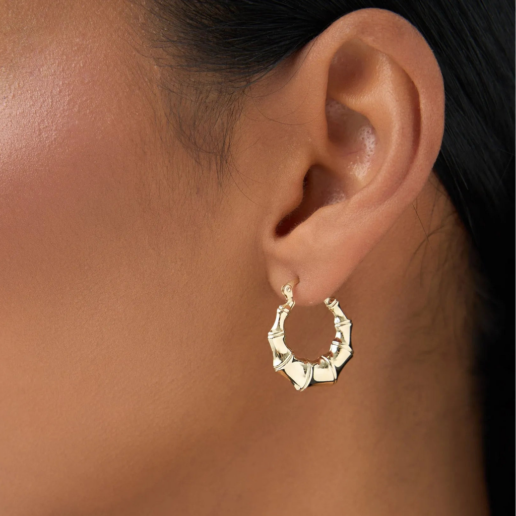 14k Yellow Gold Bamboo Style Hoop Earrings 20mm Outer Diameter