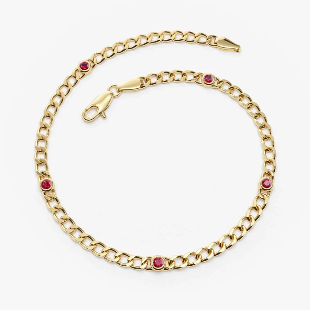 14K Solid Gold 0.25ctw Round Ruby Cuban Link Bezel Set Bracelet