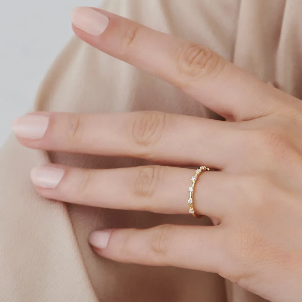 14K Gold Round Diamond 0.20ctw Half Eternity Minimalist Wedding Ring
