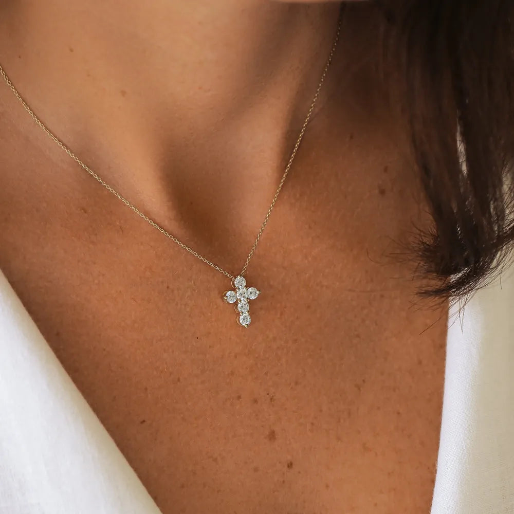 14K Solid Gold Round Diamond Large Cross Pendant Necklace Prong Setting 1.20ctw