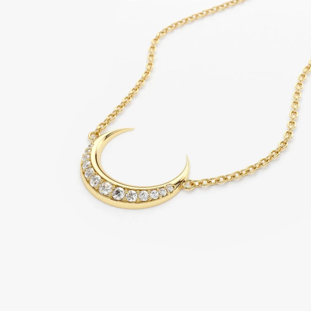 14K Solid Gold Round Diamond Micro Pave Horizontal Crescent Moon Necklace 0.26ctw