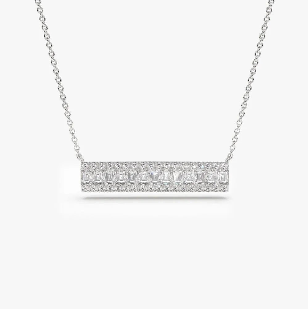 14K Solid Gold Baguette and Round Diamond Horizontal Bar Necklace 0.50ctw