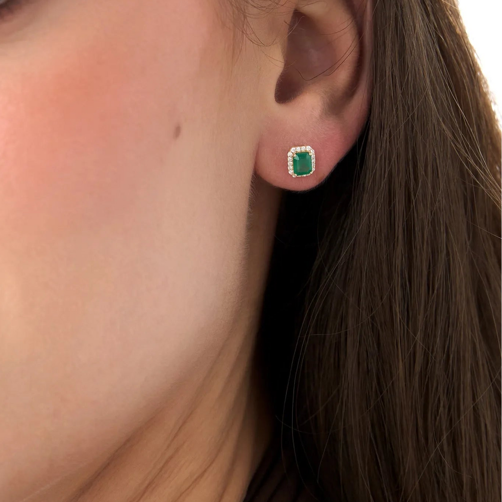 14k Solid Gold Octagon Emerald and Round Diamond Halo Stud Earrings 1.04 ctw