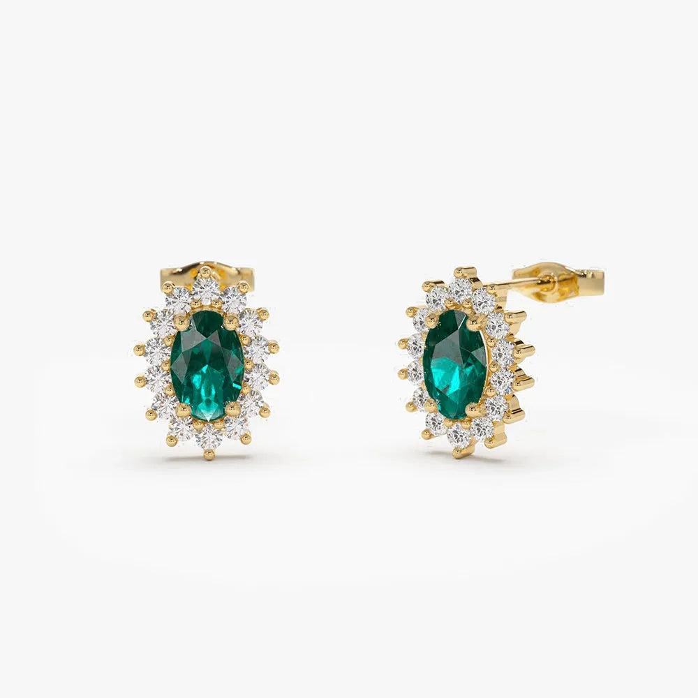 14k Solid Gold Oval Emerald and Round Diamond Halo Earrings 0.37 ctw