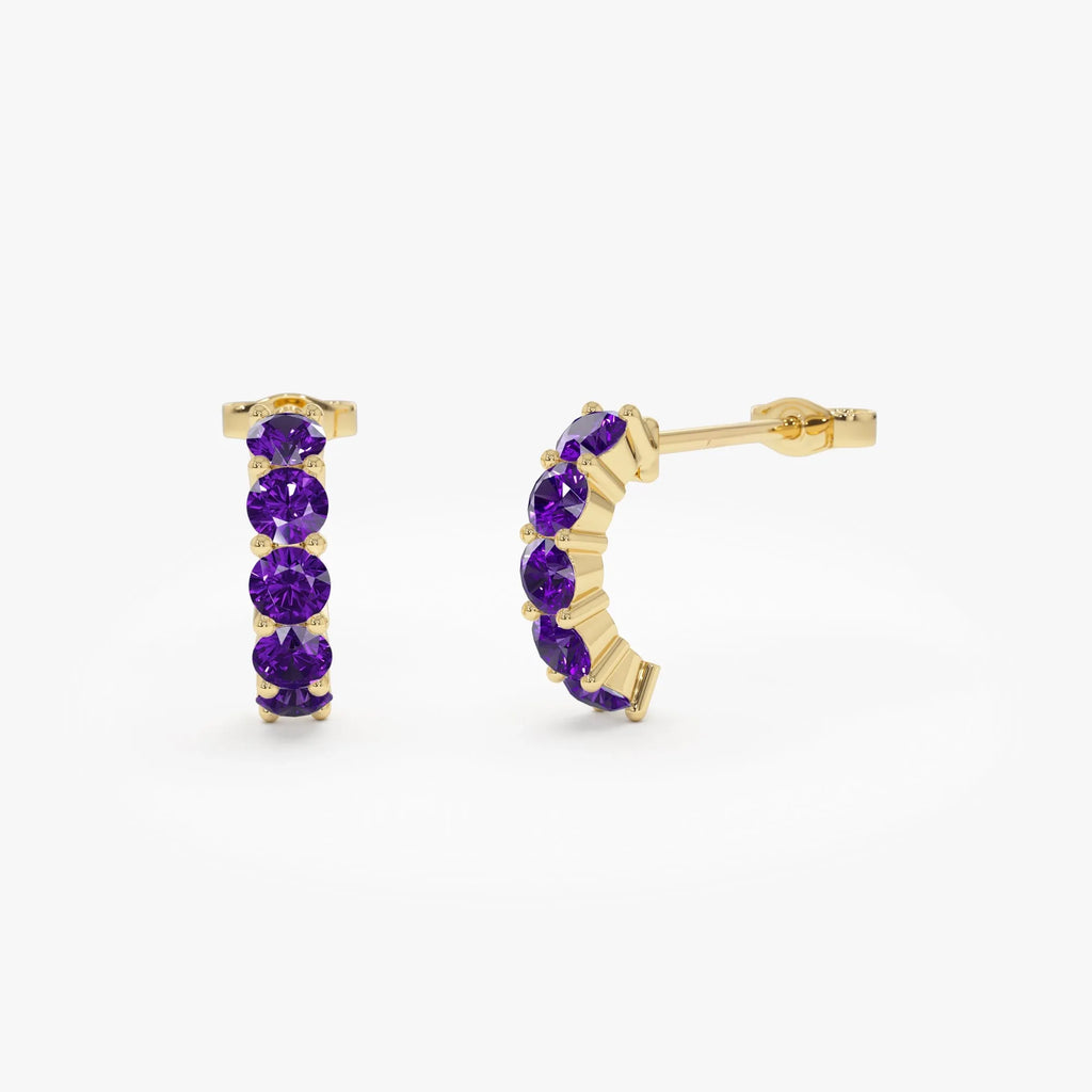 14K Solid Gold Round Amethyst Prong Set Half Hoop Earrings 1.00ctw