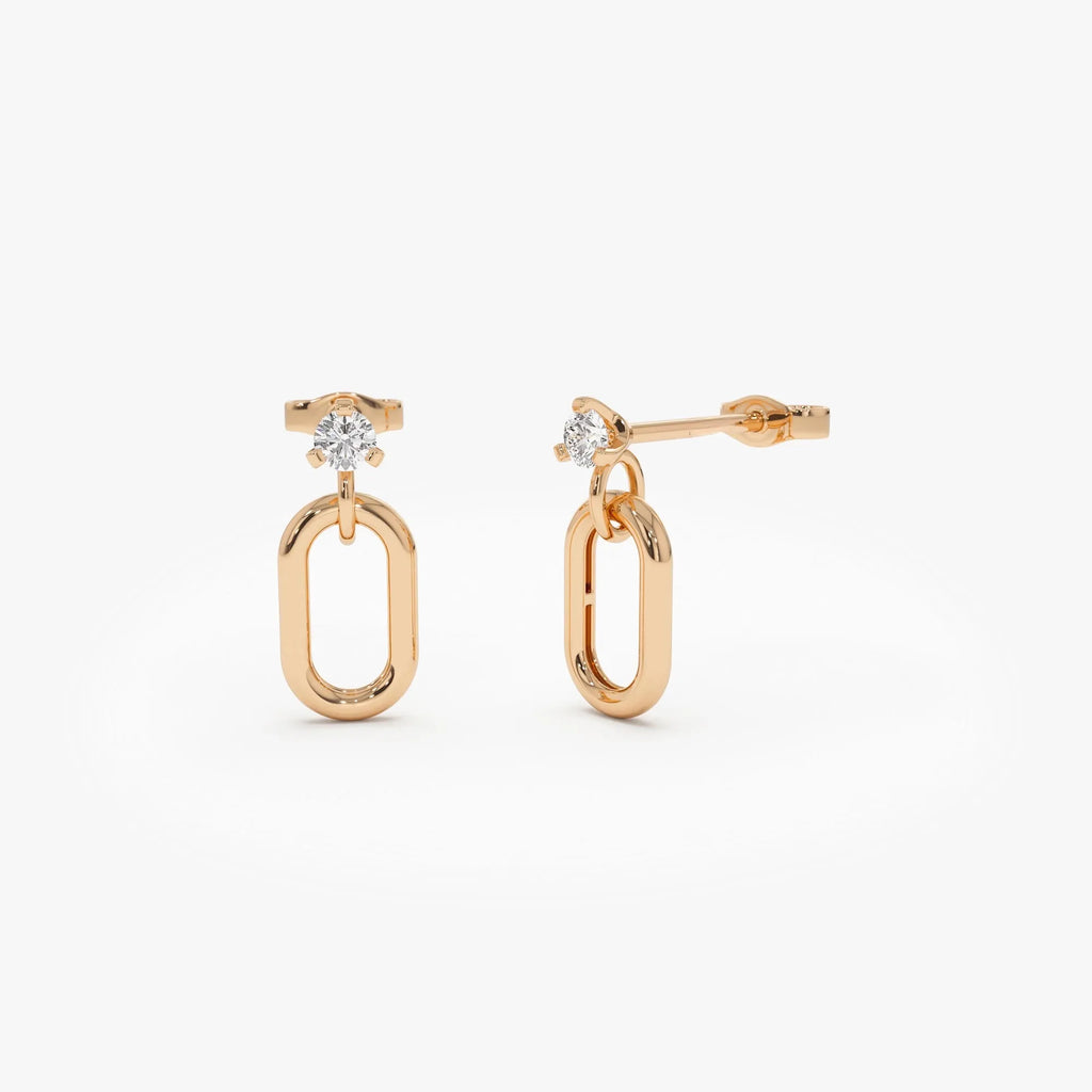 14k Gold Diamond Round Cut Dangling Oval Link Earrings 0.20 ctw