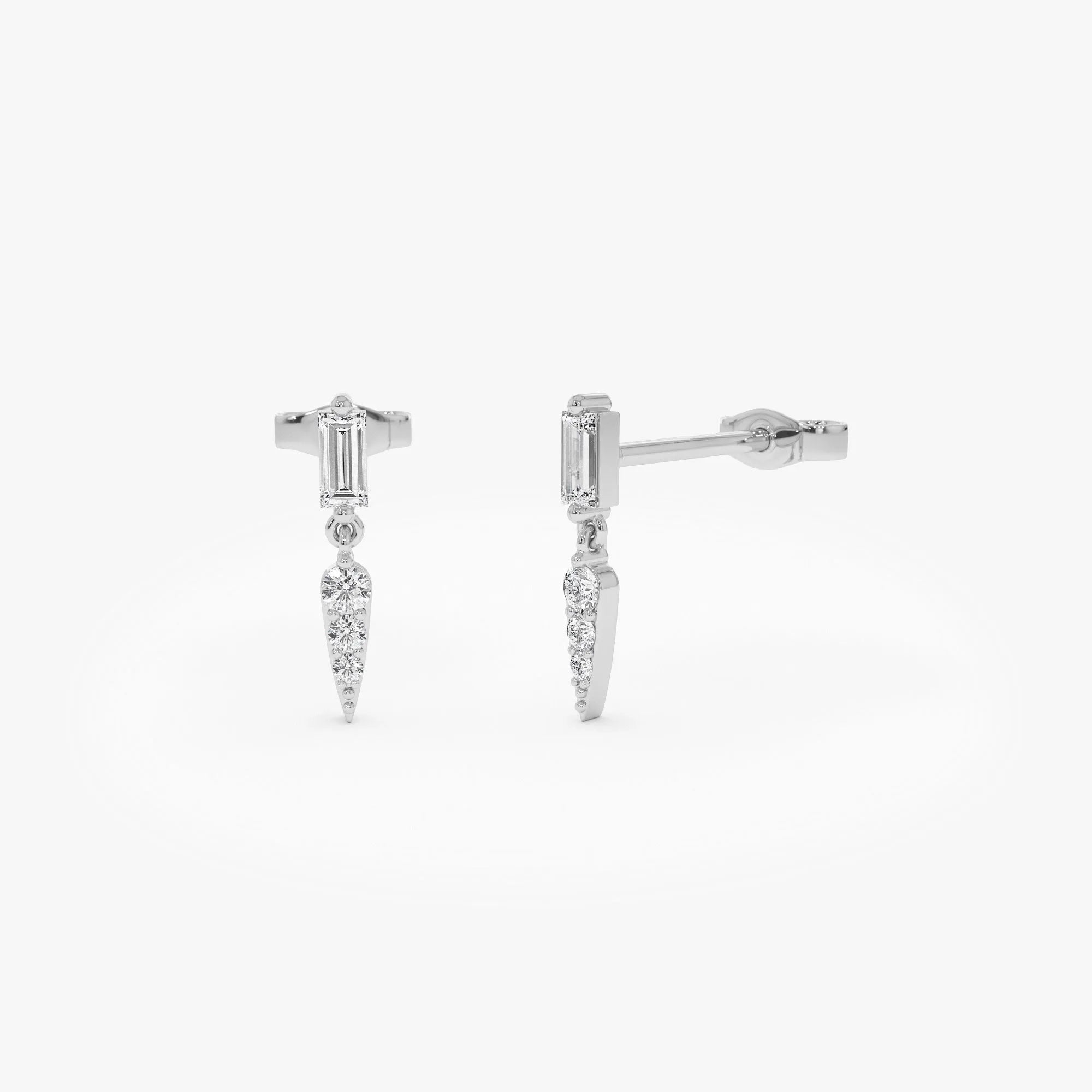 14k Gold Diamond Baguette and Round Cut Dangle Spike Earrings 0.20 ctw