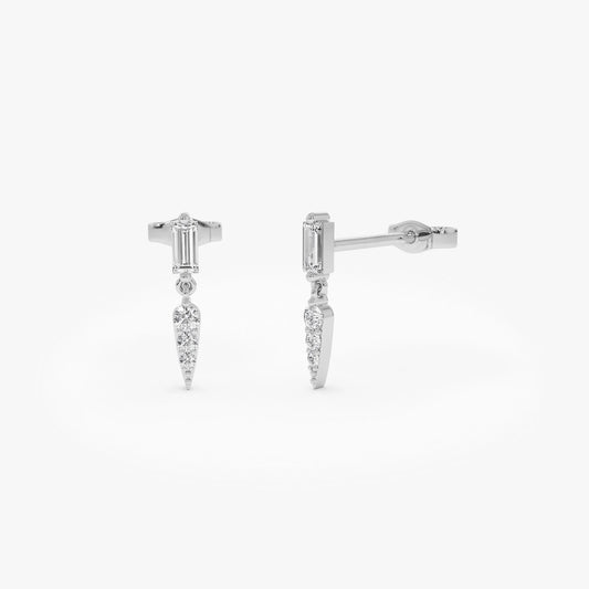 14k Gold Diamond Baguette and Round Cut Dangle Spike Earrings 0.20 ctw