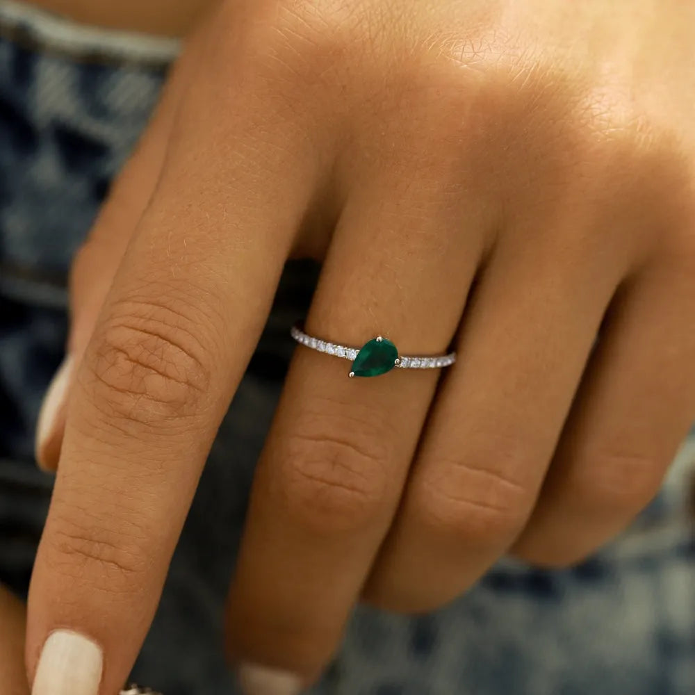 14K Solid Gold Slanted Pear Emerald and Round Diamond Pave Ring 0.50 CTW Handcrafted Jewelry