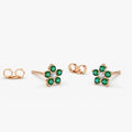 14K Solid Gold Round Emerald and Diamond Flower Stud Earrings 0.32ctw