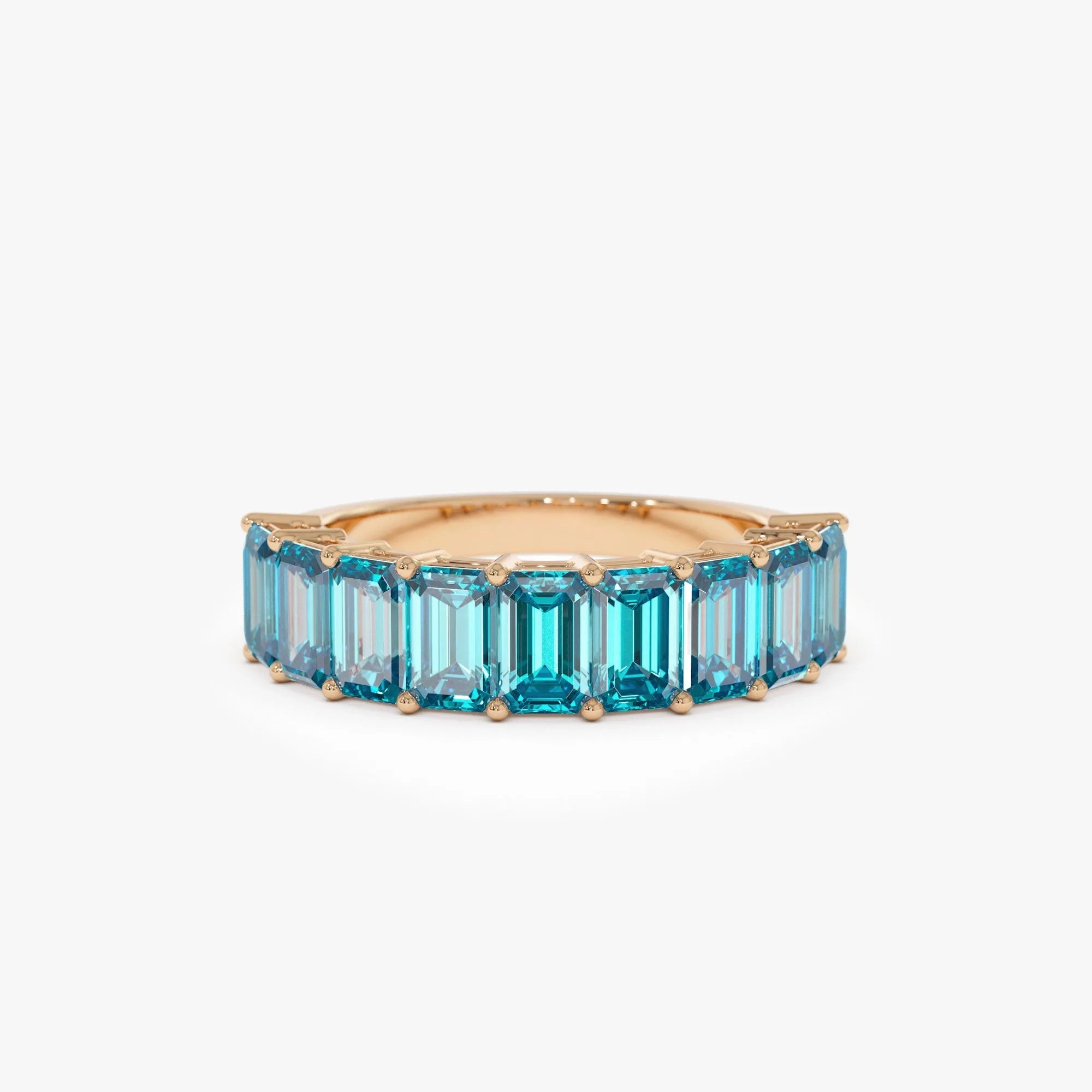 14K Solid Gold Emerald Cut Swiss Blue Topaz 3.00 Carat Nine Stone Ring