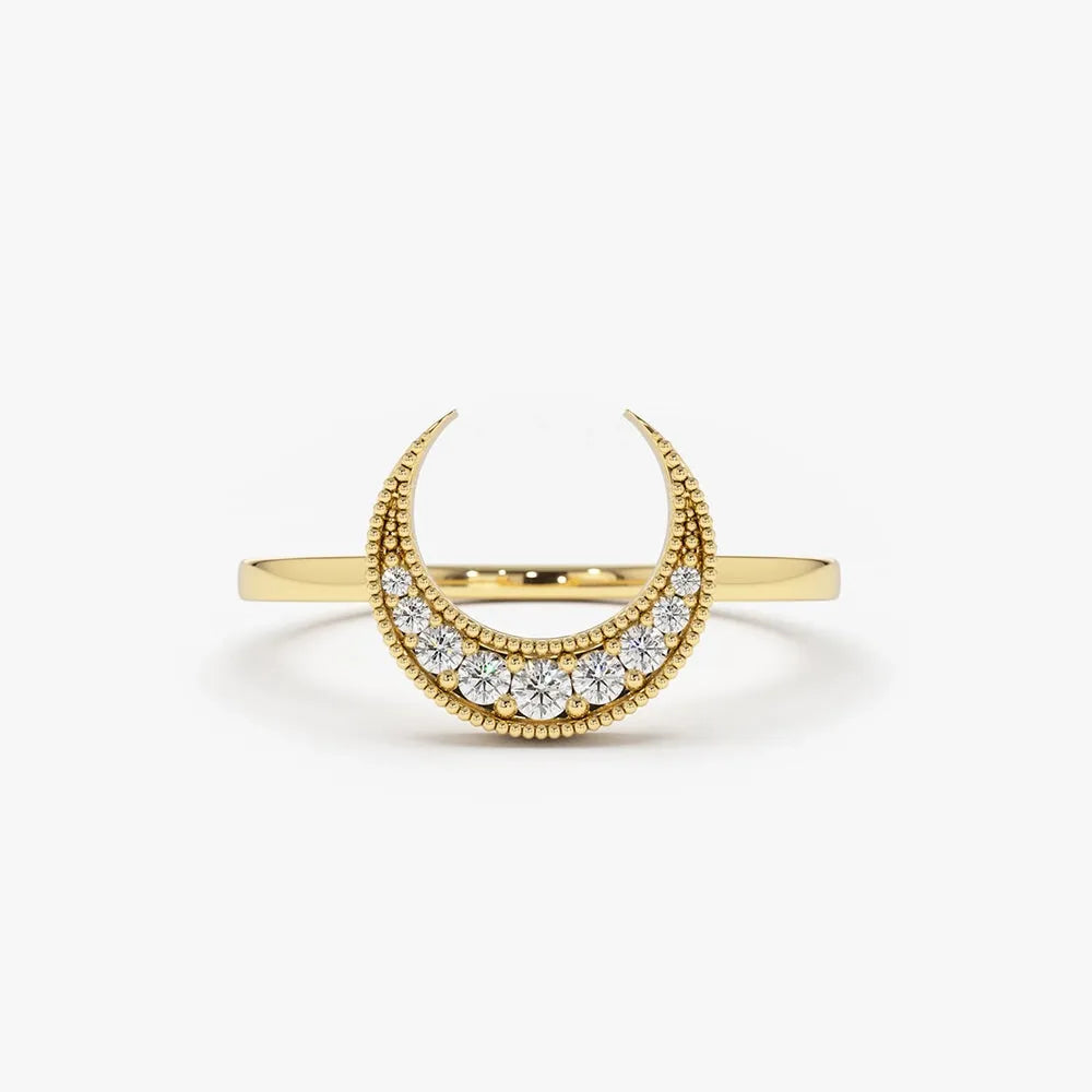 14K Gold 0.12ctw Round Diamond Crescent Moon Micro Pave Ring