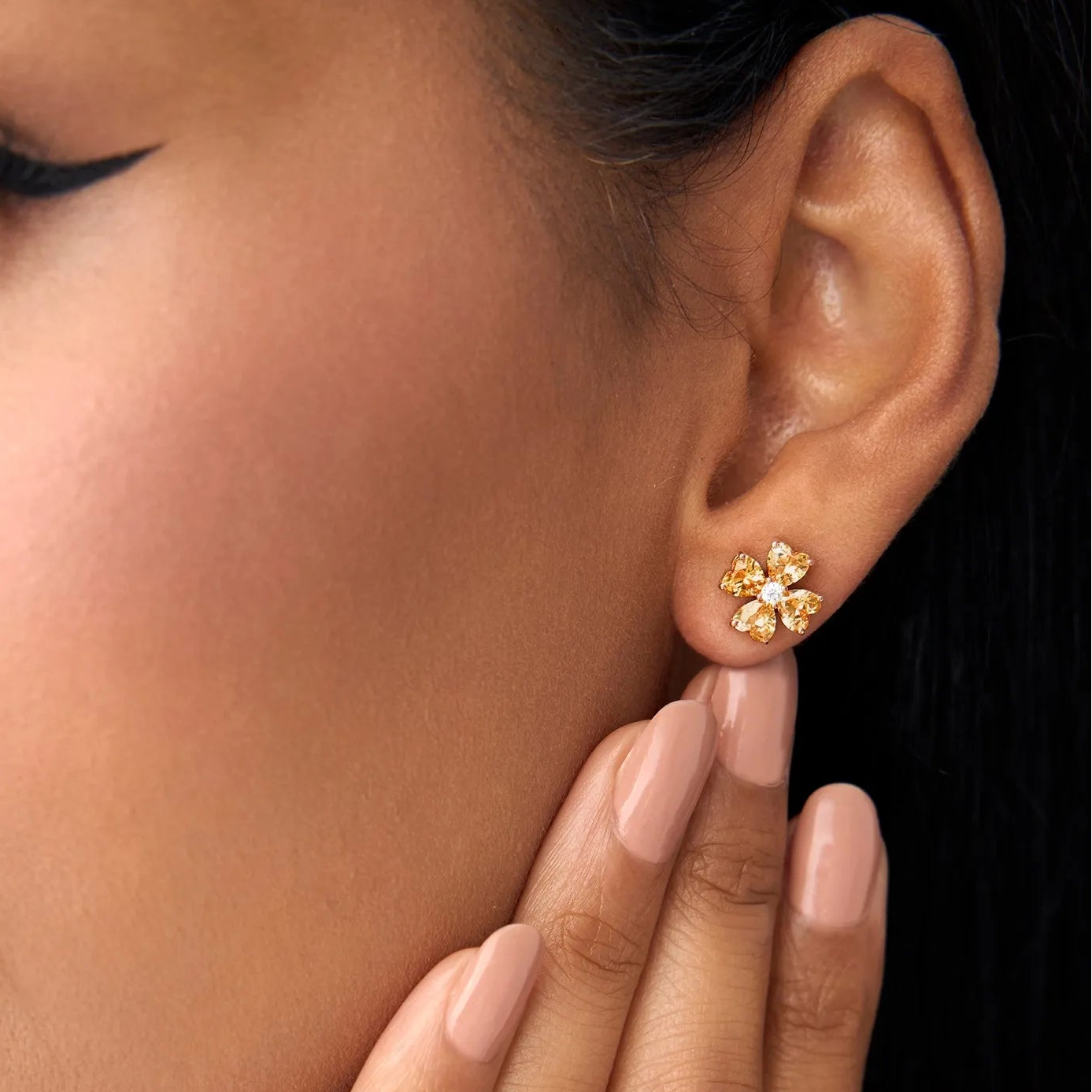 14K Solid Gold Heart Shaped Citrine and Diamond Four Leaf Clover Stud Earrings