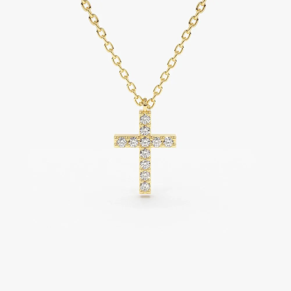 14K Solid Gold Round Diamond Micro Pave Cross Pendant Necklace 0.11cttw