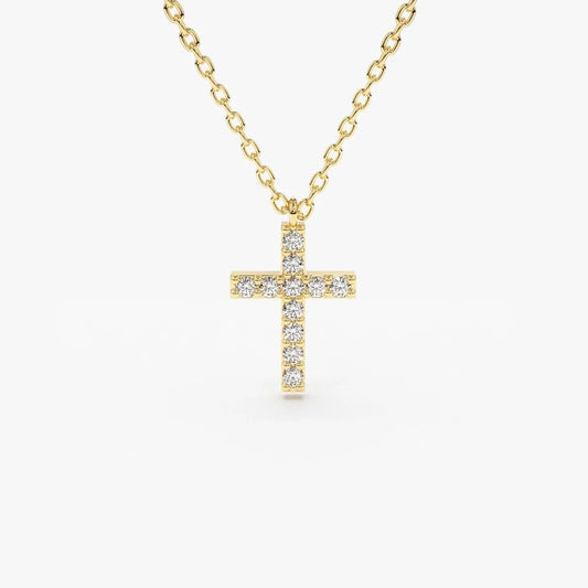 14K Solid Gold Round Diamond Micro Pave Cross Pendant Necklace 0.11cttw