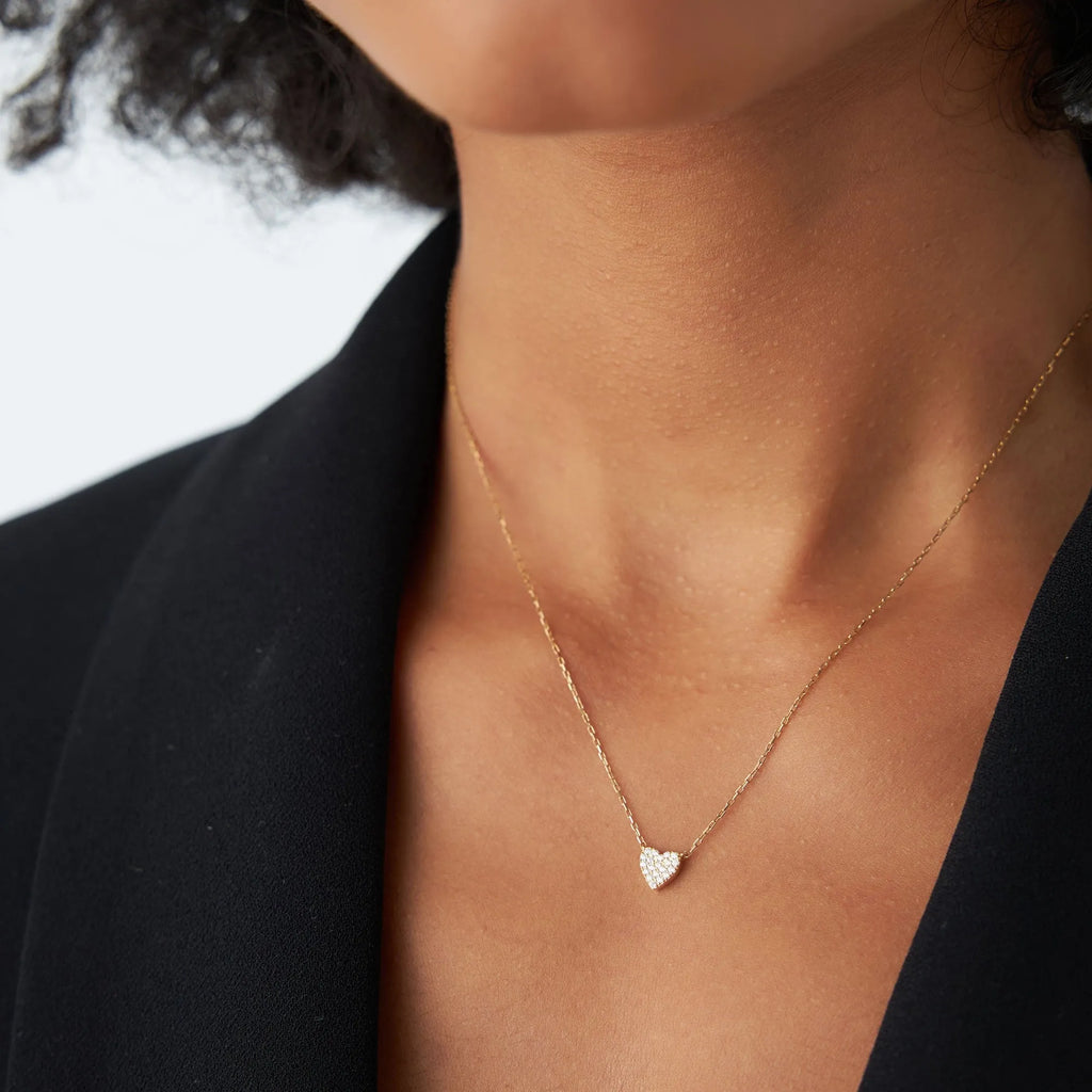 14K Solid Gold 0.22 CTW Round Diamond Mini Heart Necklace