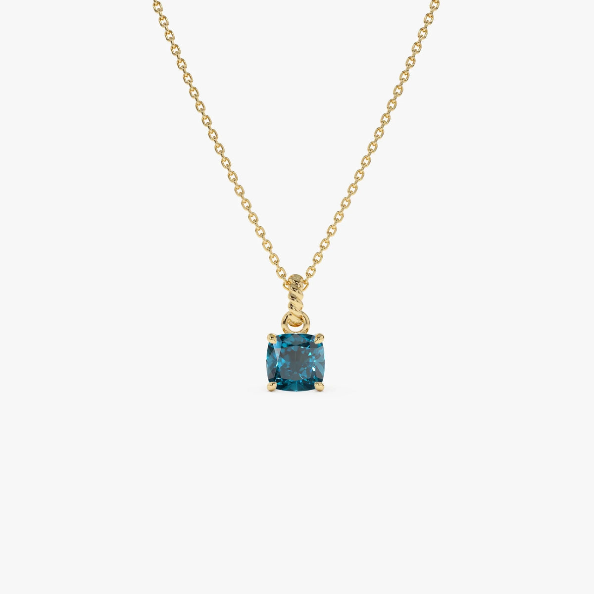 14k Solid Gold London Blue Topaz Cushion Cut Solitaire Necklace 1.20 Carat