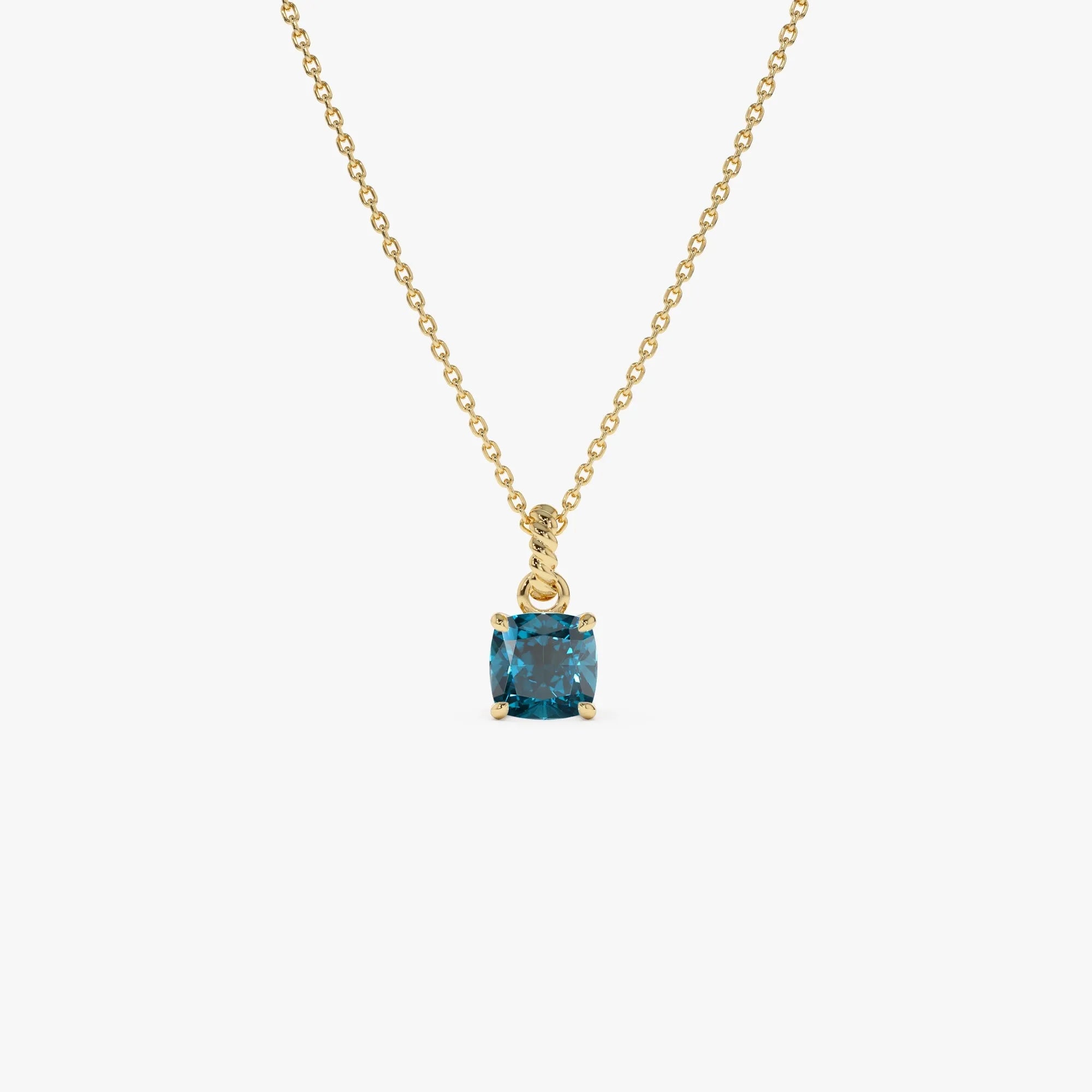 14k Solid Gold London Blue Topaz Cushion Cut Solitaire Necklace 1.20 Carat