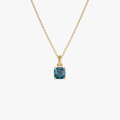 14k Solid Gold London Blue Topaz Cushion Cut Solitaire Necklace 1.20 Carat