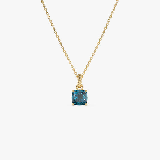 14k Solid Gold London Blue Topaz Cushion Cut Solitaire Necklace 1.20 Carat