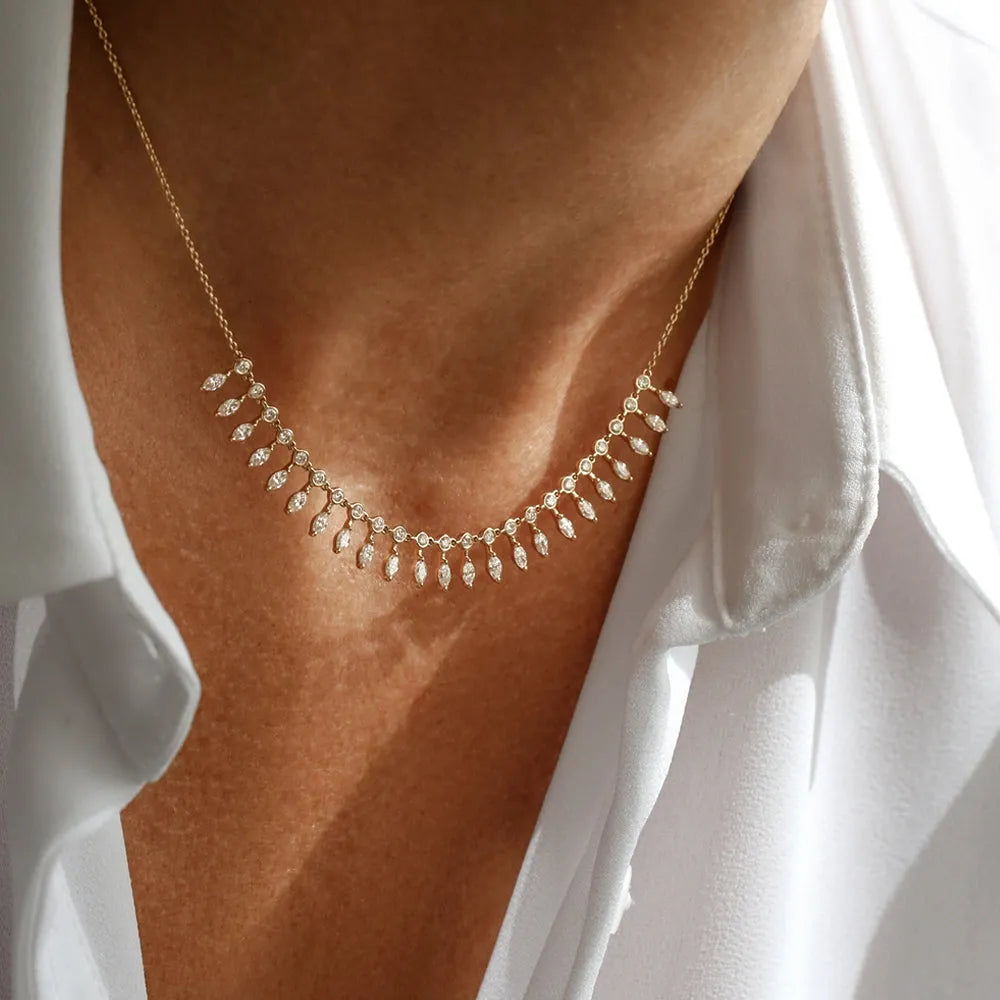 14K Solid Gold Baguette and Round Diamond Statement Necklace Prong and Bezel Set 1.96ctw