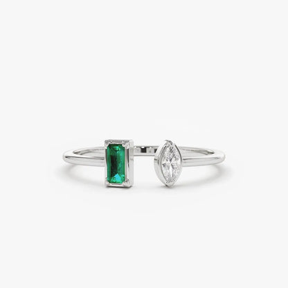 14K Solid Gold Emerald Cut Emerald and Marquise Diamond Cuff Ring 0.23 CTW Handcrafted Jewelry