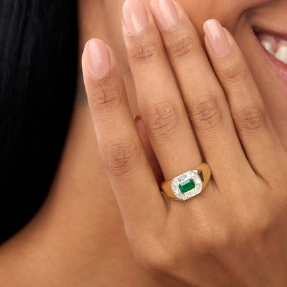 14K Solid Gold Octagon Emerald and Baguette Diamond Signet Ring 1.10 CTW