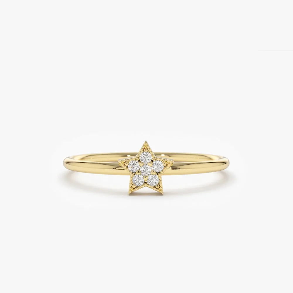 14K Solid Gold Round Diamond Star Shaped Stackable Ring