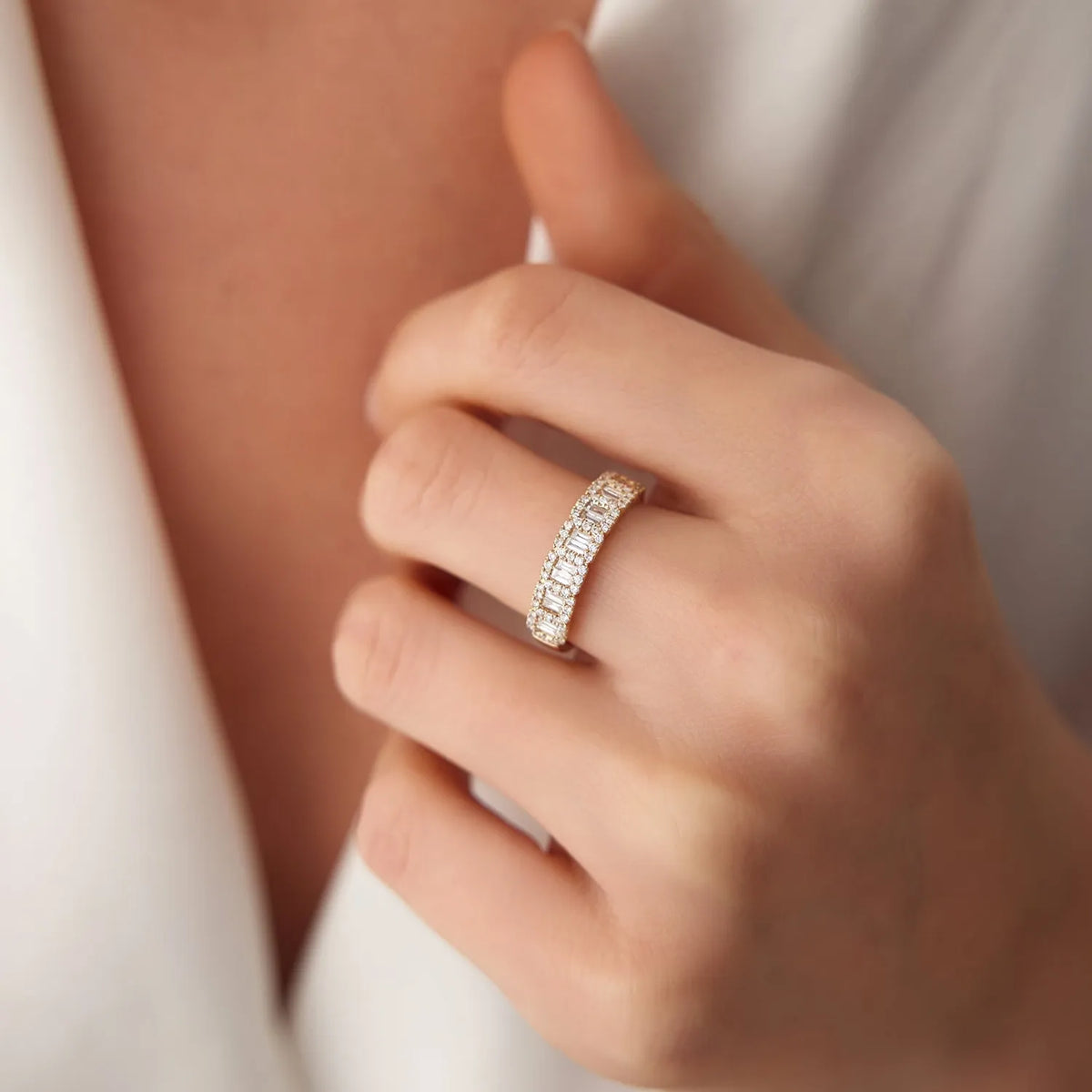 14K Gold Baguette and Round Diamond 0.70 ctw Channel Micro Pave Ring