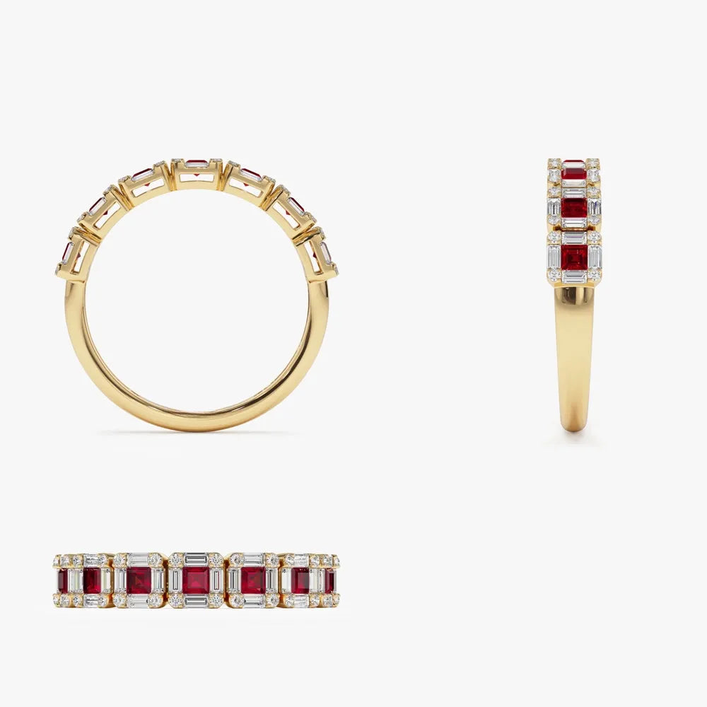 14k Gold Ruby and Diamond Princess Baguette and Round Cut Ring 0.80 ctw