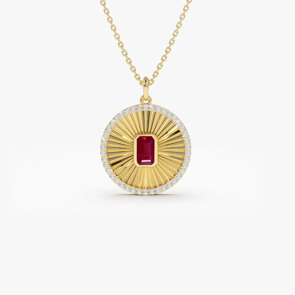 14k Solid Gold Ruby and Diamond Emerald Cut Medallion Disc Necklace 0.57 Carat