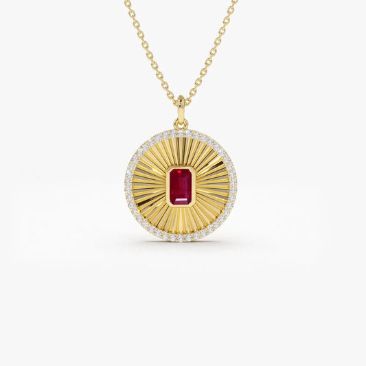 14k Solid Gold Ruby and Diamond Emerald Cut Medallion Disc Necklace 0.57 Carat