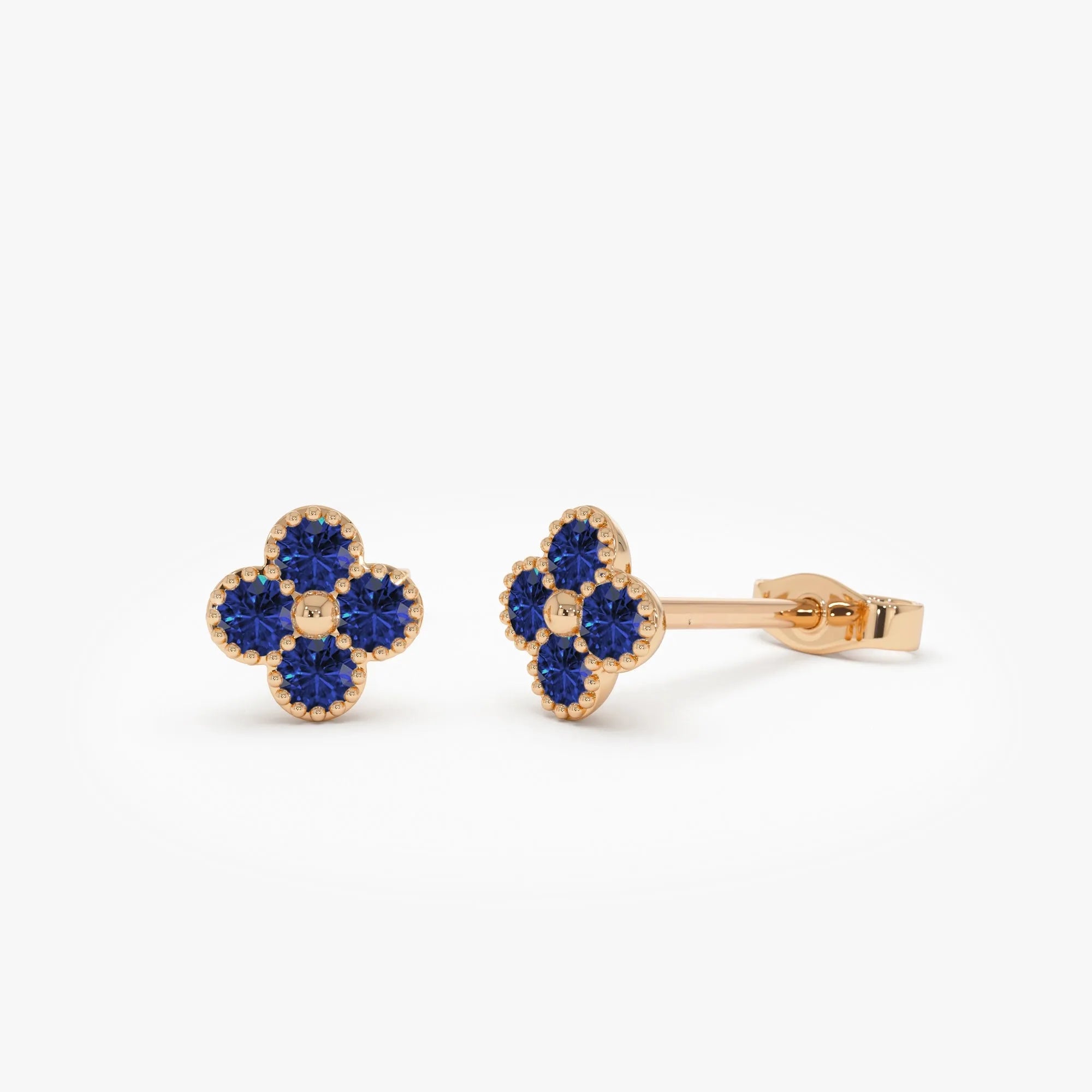 14K Solid Gold Round Sapphire Clover Beaded Stud Earrings 0.35 CTW