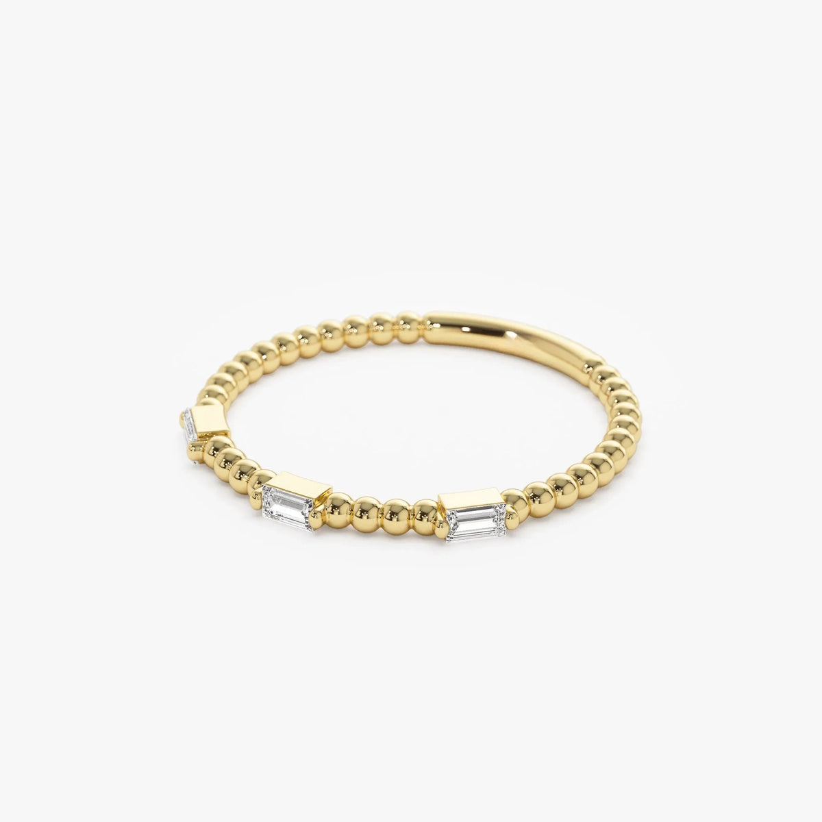 14K Solid Gold Baguette Diamond Beaded Minimalist Ring 0.12 CTW