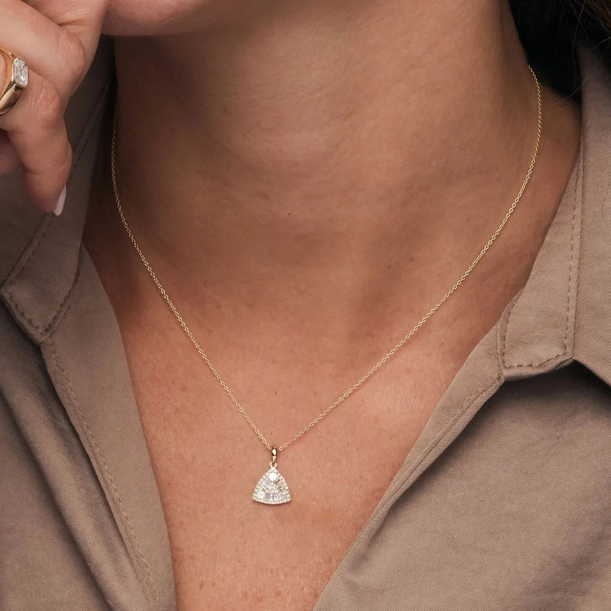 14K Solid Gold 0.42 CTW Round Baguette and Princess Cut Diamond Triangle Cluster Necklace