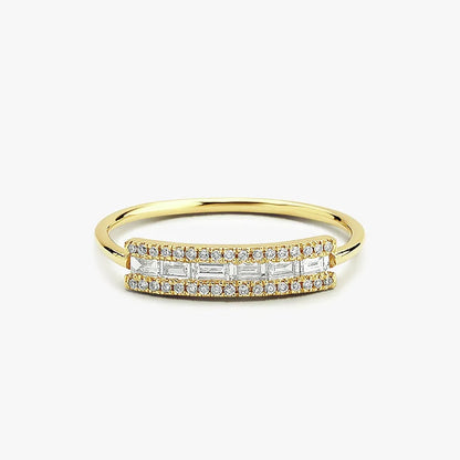 14K Gold Baguette and Round Diamond Horizontal Channel Micro Pave Ring 0.34ctw