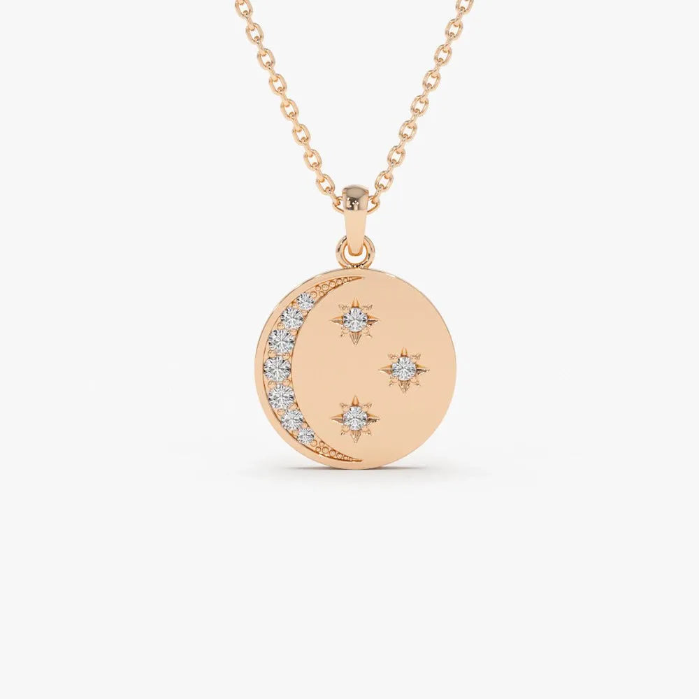 14K Solid Gold Round Diamond Moon and Crescent Pendant Necklace Prong Setting 0.23ctw