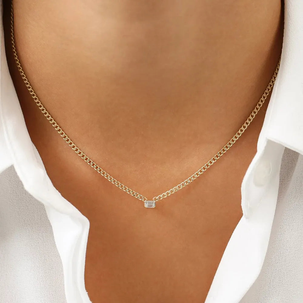 14K Solid Gold Emerald Cut Diamond Cuban Link Necklace Bezel Set 0.23ctw