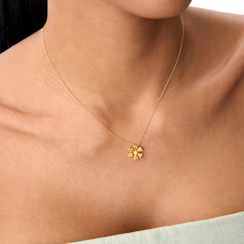 14k Solid Gold Citrine and Diamond Pear and Round Flower Necklace 1.40 Carat