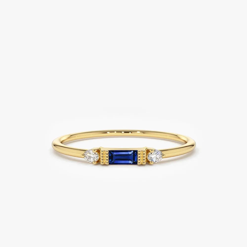 14k Gold Blue Sapphire and Diamond Baguette Cut Ring 0.384 ctw