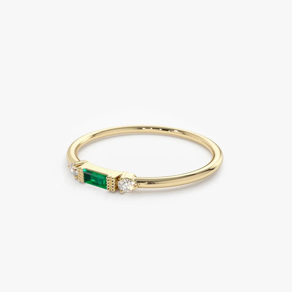 14K Gold Baguette Emerald and Round Diamond Ring 0.12 CTW Handcrafted Jewelry