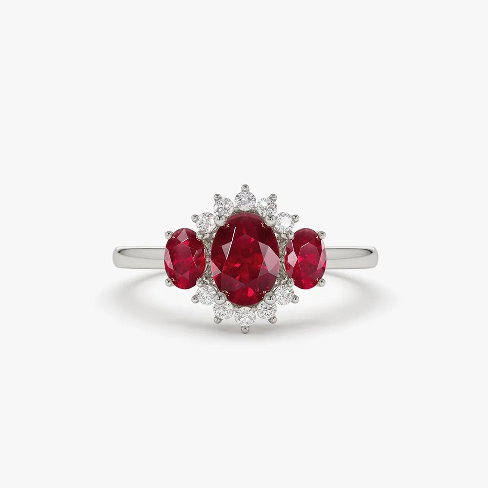 14k Gold Ruby and Diamond Oval Cut Three Stone Cluster Ring 1.39 ctw